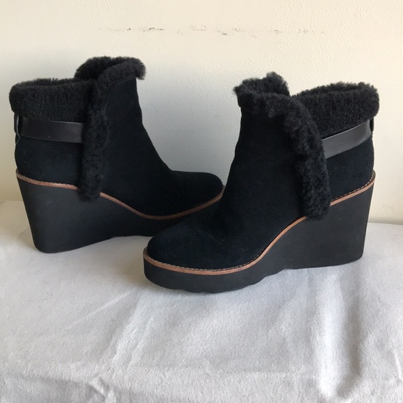 Coach size 8B Wedge Bootie Kingston black suede fun fur wedge heel bootie turn k - Picture 8 of 13